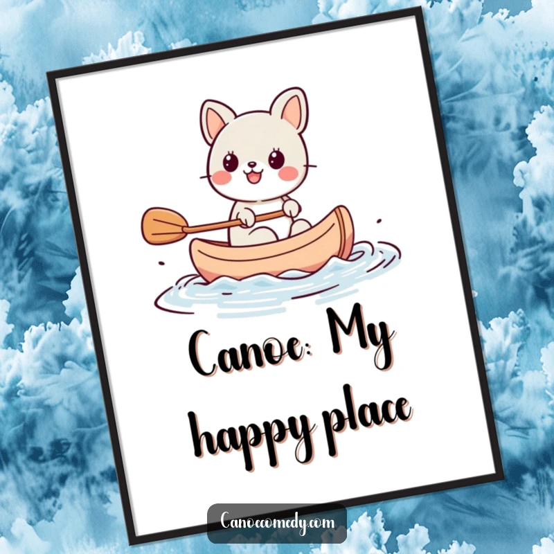 Funny Kawaii animal character paddling a tiny canoe with great enthusiasm, a vibrant and humorous wall art piece for any room.