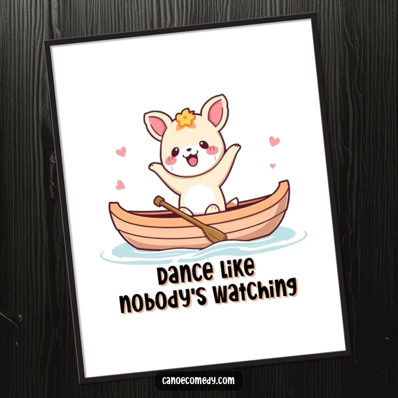 Funny Kawaii animal character dancing joyfully in a canoe, displayed as a humorous art print.