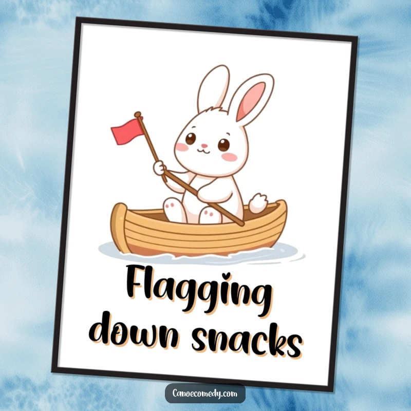 Funny rabbit in a canoe waving a tiny flag, a cheerful and humorous illustration perfect for adding a dose of optimism to any wall.