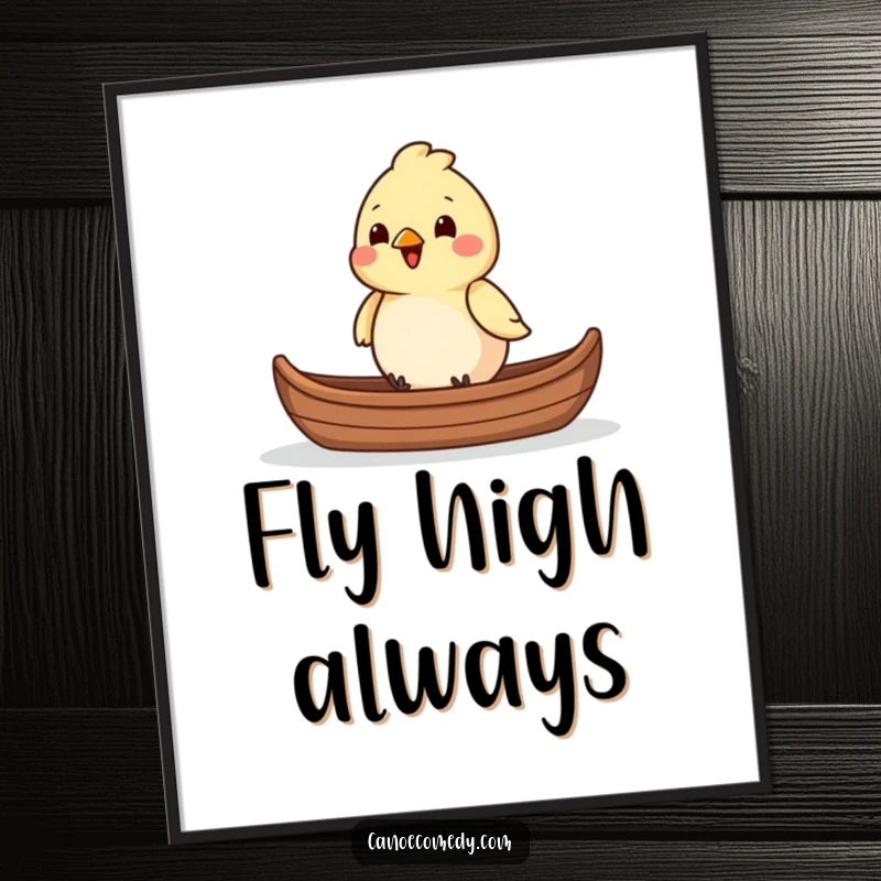 Funny chirpy bird character sitting in the front of a canoe, perfect for a cheerful art print, a funny gift.