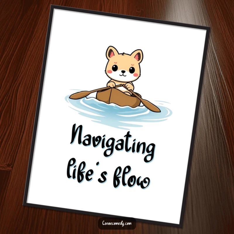 Funny poster artwork of a focused animal expertly steering a canoe through calm waters, radiating determination and adventure.