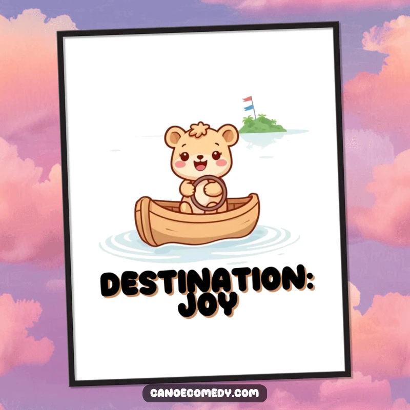 Funny poster artwork of a joyful animal steering a canoe toward a shimmering, distant island, radiating happiness and aspiration.