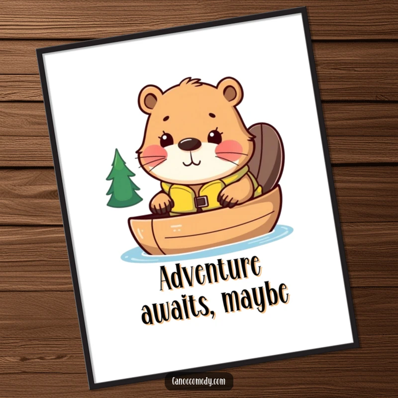 Funny poster art of a curious kawaii beaver in a life jacket, peeking over a canoe, adding humorous charm to any wall space.