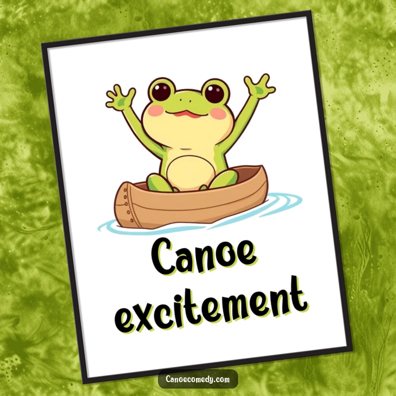 Kawaii frog character excitedly waving its arms while paddling a canoe, designed as energetic and funny wall art.