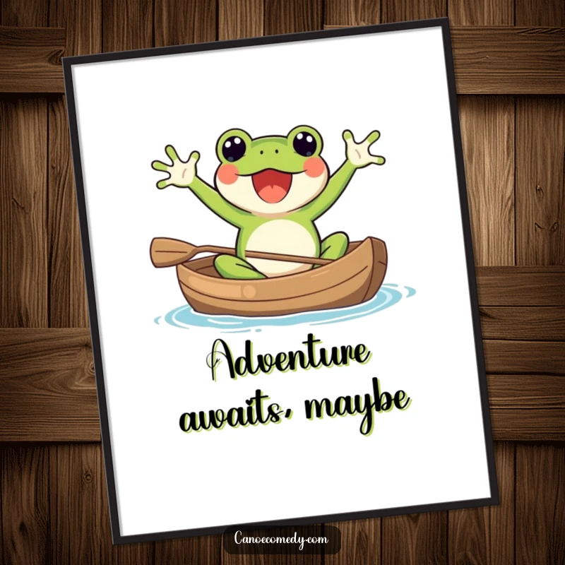 Funny Kawaii frog in a canoe, its arms raised in excitement, a vibrant and humorous art print for decoration.