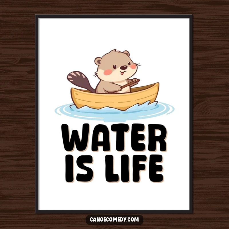Funny poster art of a playful kawaii muskrat in a canoe, splashing water, bringing whimsical, humorous energy to wall decor.