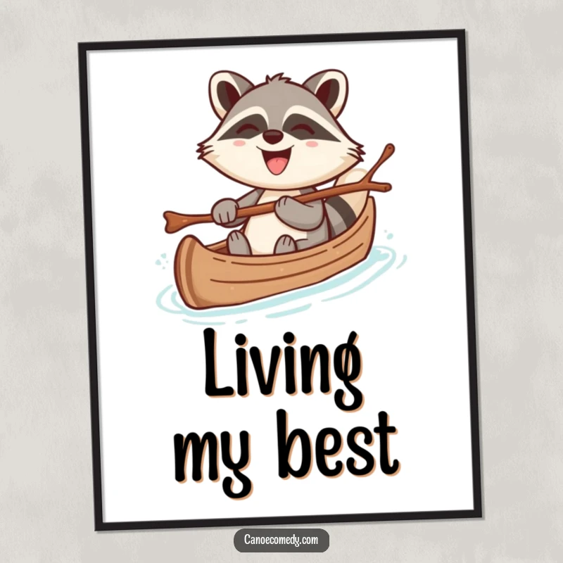 Funny poster art of a cheerful kawaii raccoon steering a canoe with a twig, grinning broadly, bringing humorous joy to walls.