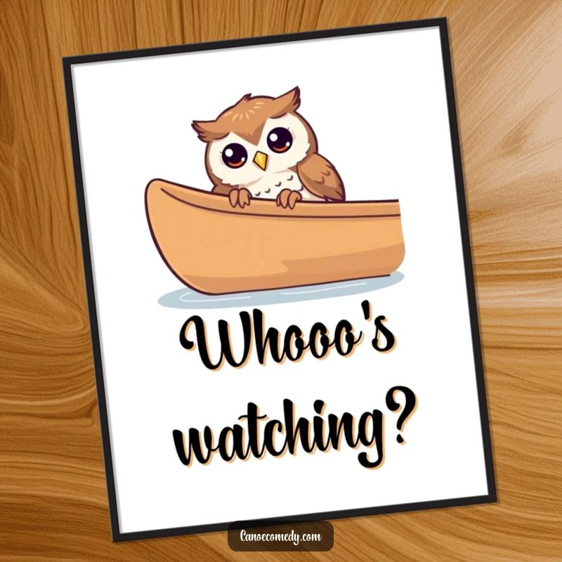 Funny curious owl peeking over the side of a canoe on a poster, capturing a moment of wonder.