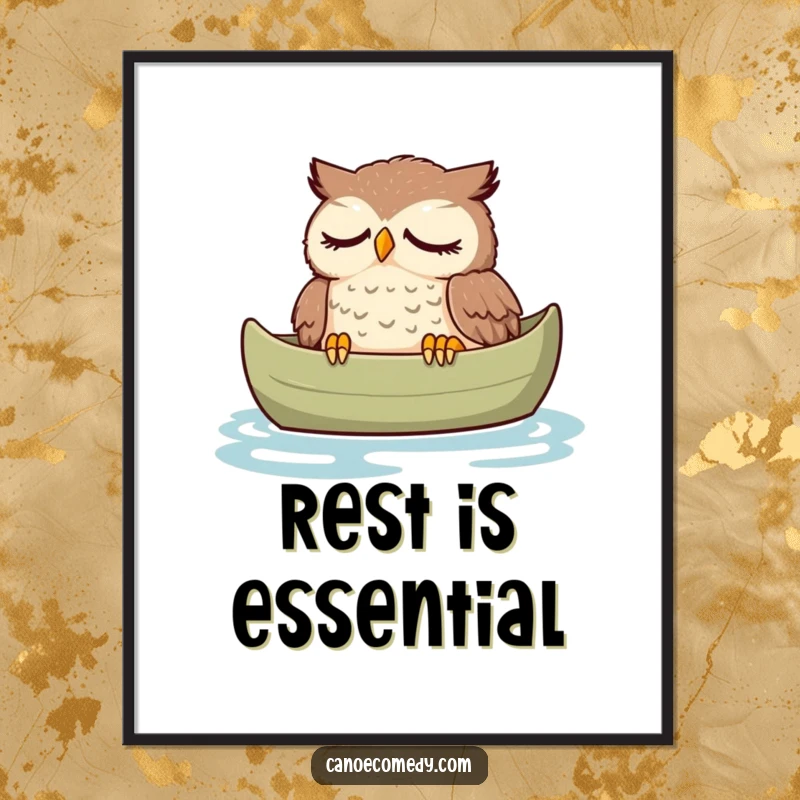 Funny owl poster, depicting an owl peacefully dozing in a canoe with a serene expression, a humorous piece of art.