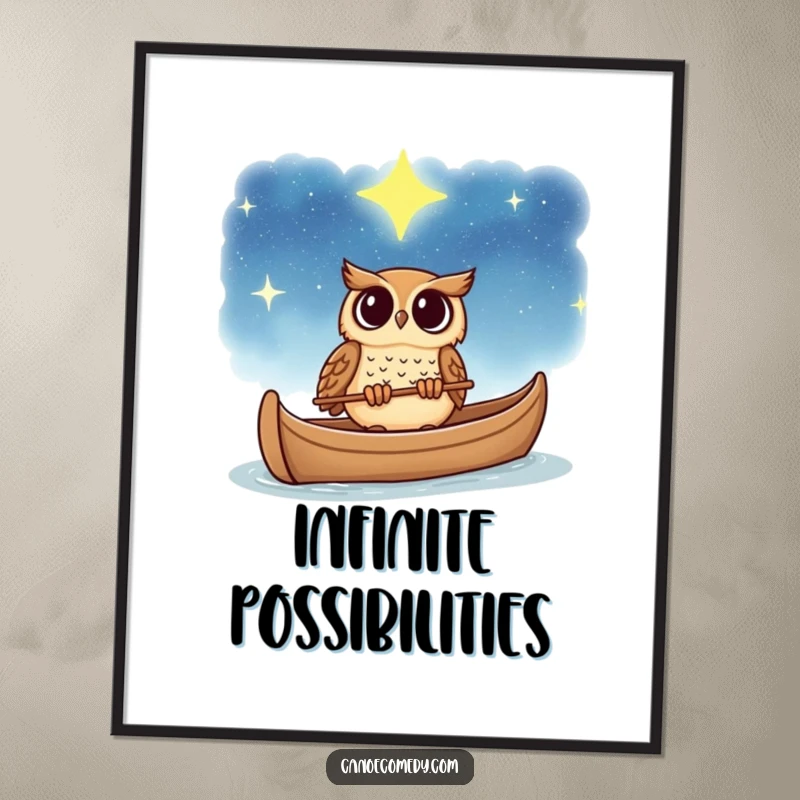 Funny owl poster, depicting an owl in a canoe looking up at a vast starry sky, a humorous and wondrous piece of art.