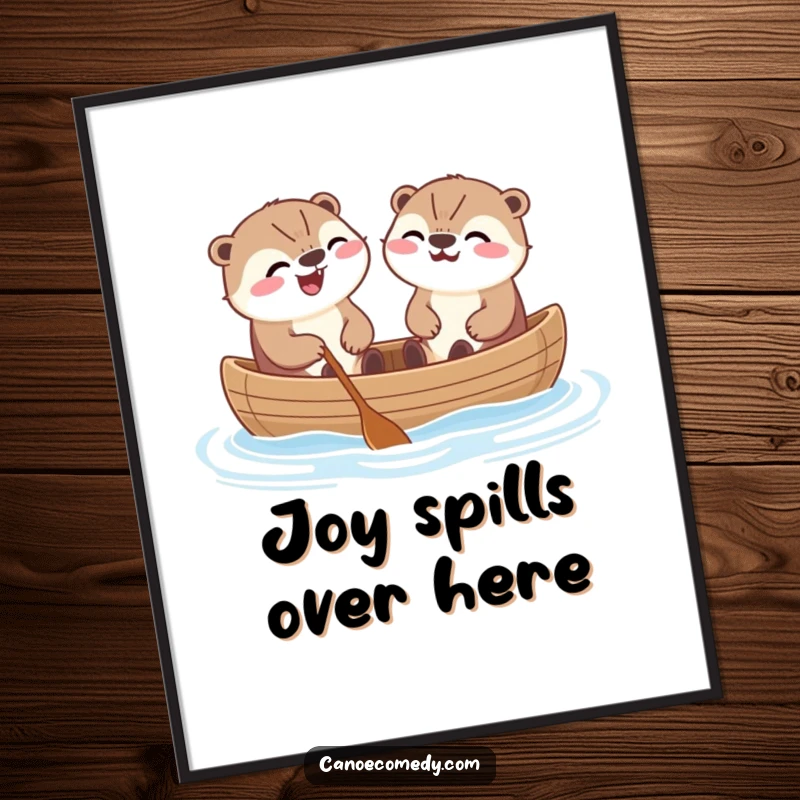 Funny Kawaii otters in a canoe, mid-laugh, a delightful and humorous art print for any room.