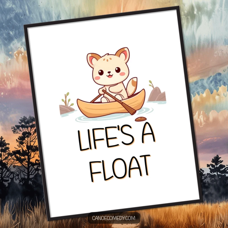 Funny Kawaii animal precariously balancing in a small canoe, depicted on a vibrant, amusing poster, great art.
