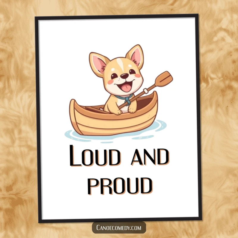 Funny small dog cheerfully barking with excitement from a canoe, cheerful and humorous wall poster for dog lovers.
