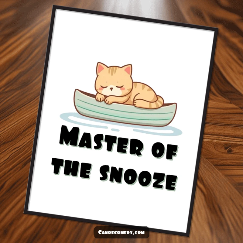 Funny cat sleeping peacefully in a small canoe, serene and humorous wall art for creating a calm and amusing environment.