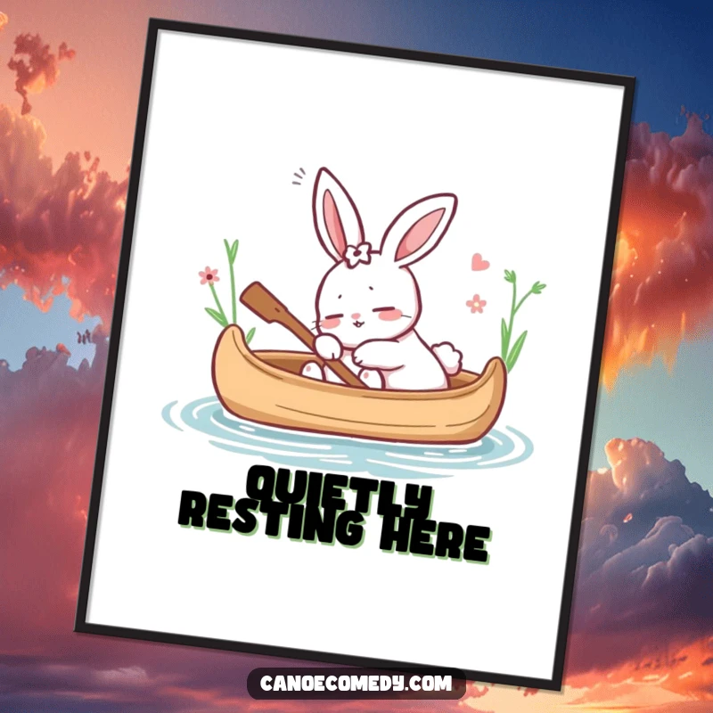 Funny poster featuring a cartoon rabbit peacefully dozing in a canoe, creating a serene and whimsical atmosphere, a perfect funny gift.