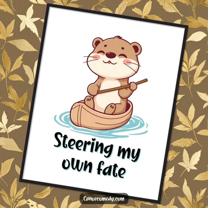 Funny otter steering a canoe with a stick, depicted in a charming art print, suitable as a funny gift.