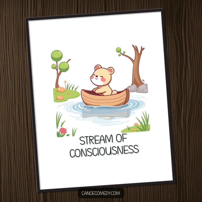 Funny poster artwork of a joyful animal giggling while its canoe drifts serenely down a peaceful stream, exuding happiness.