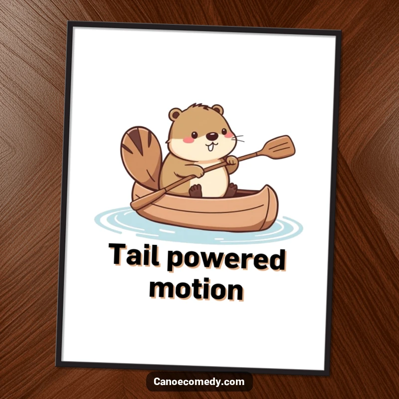 Funny Kawaii beaver in a canoe, paddling with its tail, a whimsical and humorous poster for wall decor.