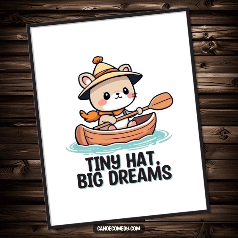 Funny Kawaii animal character wearing a tiny hat, looking adventurous in a canoe, a humorous and exciting wall art piece.