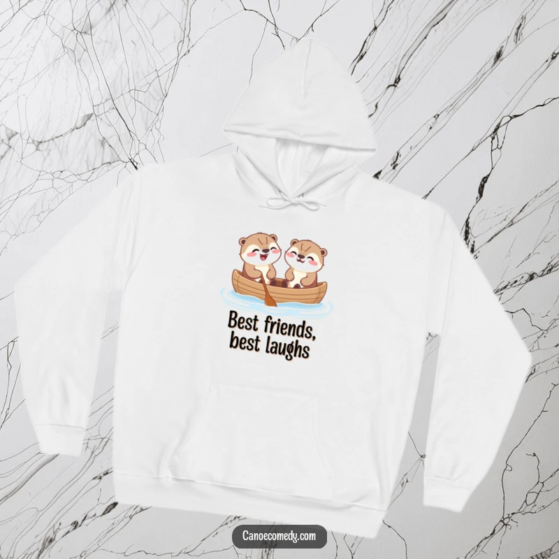 Funny Kawaii otters in a canoe, sharing a laugh, a cozy and humorous hoodie for chilly weather.