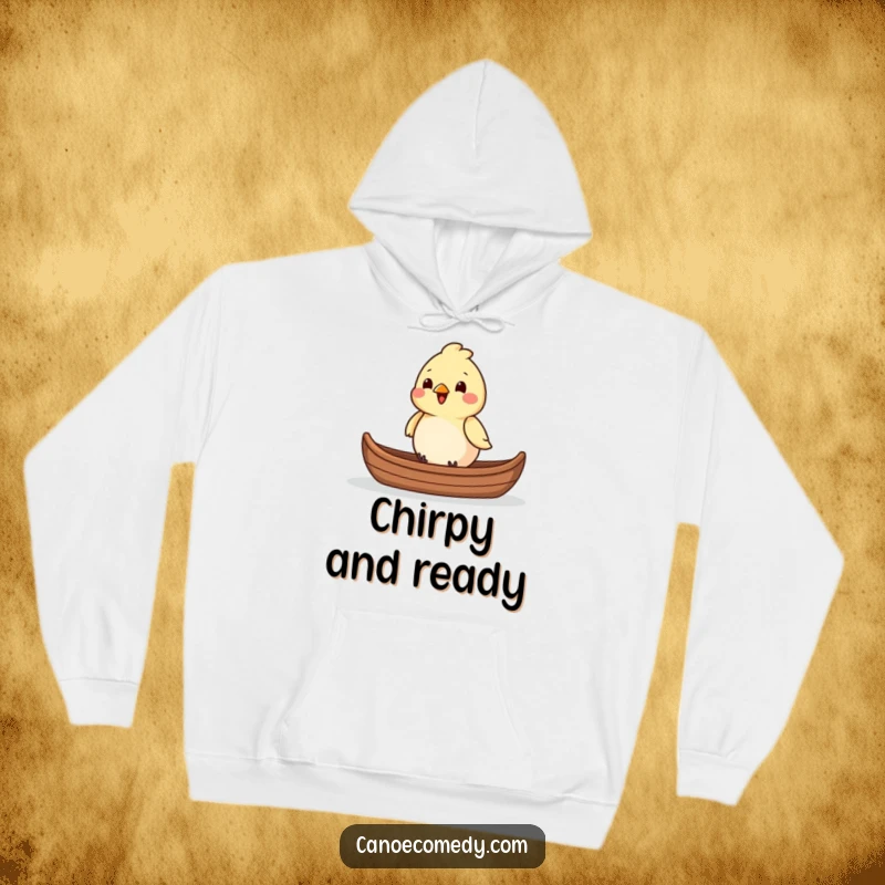 Chirpy bird character sitting in the front of a canoe, featured on a cozy hoodie, making it a funny outdoor gift.