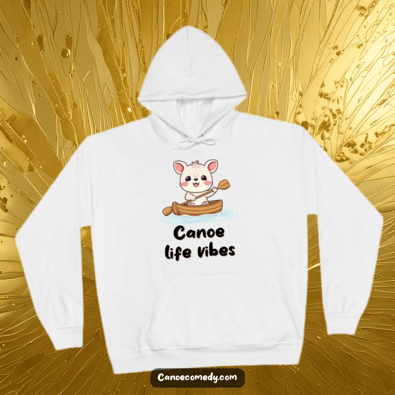 Funny cheerful animal hoodie, a happy character smiling broadly while paddling a small canoe, embodying joyful and humorous exploration.