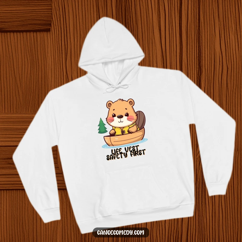 Funny hoodie featuring a curious kawaii beaver wearing a life jacket, peeking over a canoe, ideal for cozy, humorous outdoor wear.