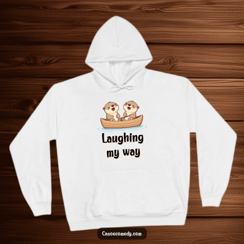 Funny Kawaii otters in a canoe sharing a laugh, a warm and humorous hoodie for cozy moments.