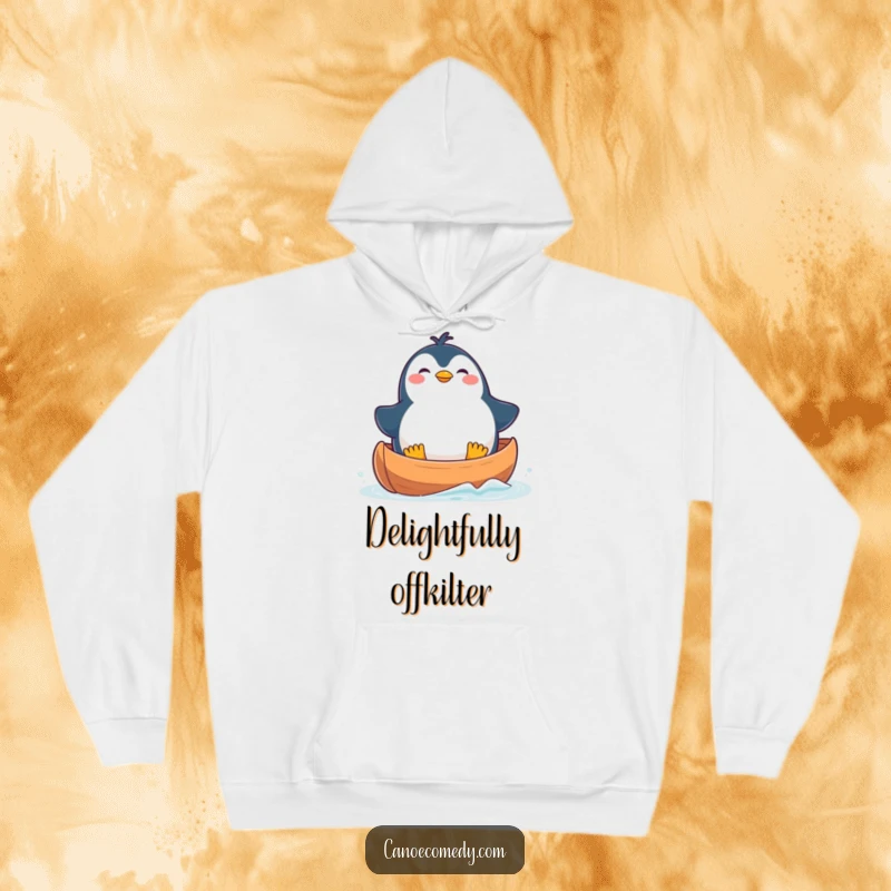 Funny Hoodie featuring a plump, kawaii penguin in a canoe, looking endearingly off-balance but full of delight.