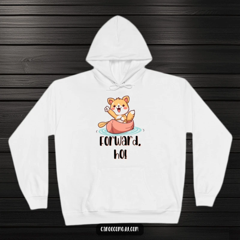 Funny Kawaii animal character in a canoe, pointing excitedly forward, featured on a comfortable hoodie.
