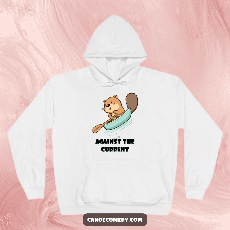 Funny beaver hoodie, comically paddling a canoe backward with a determined yet confused expression, perfect for cozy outdoor fun.
