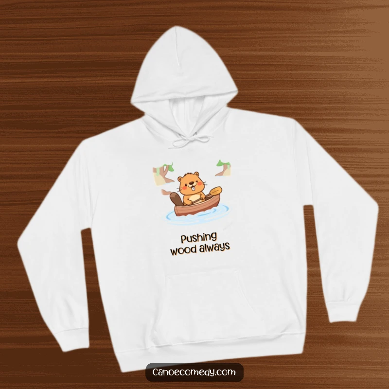 Funny hoodie with a cartoon beaver pushing a canoe with a smile, embodying cheerful effort, a wonderful funny gift.