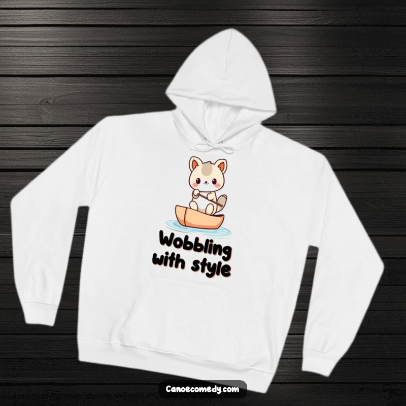 Funny Kawaii animal character balancing in a canoe on a hoodie, showcasing a charmingly precarious situation.