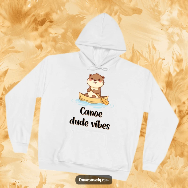 Funny hoodie with a happy kawaii otter enthusiastically paddling a canoe, offering cozy comfort and adorable humor.