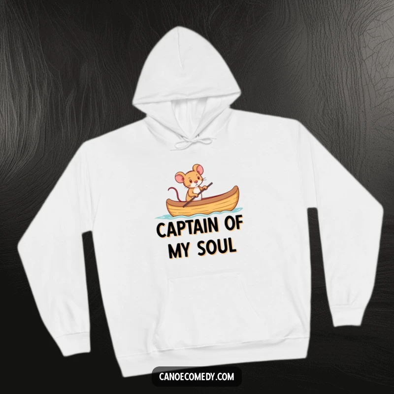 Funny, warm hoodie featuring a tiny mouse determinedly captaining a large canoe, ready for adventure.