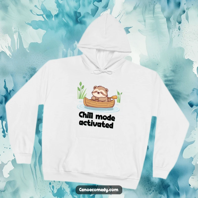 Funny, plush hoodie featuring a deeply sleepy sloth gently floating downstream in a canoe.