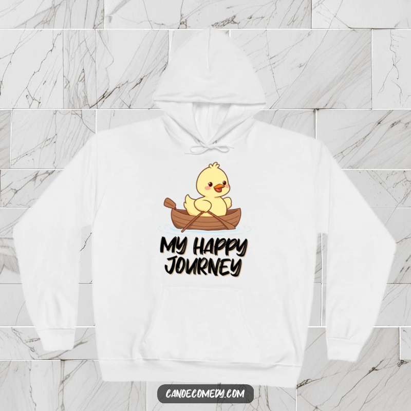 Cute Kawaii duck in a tiny canoe paddling with a smile on a cozy and humorous hoodie.