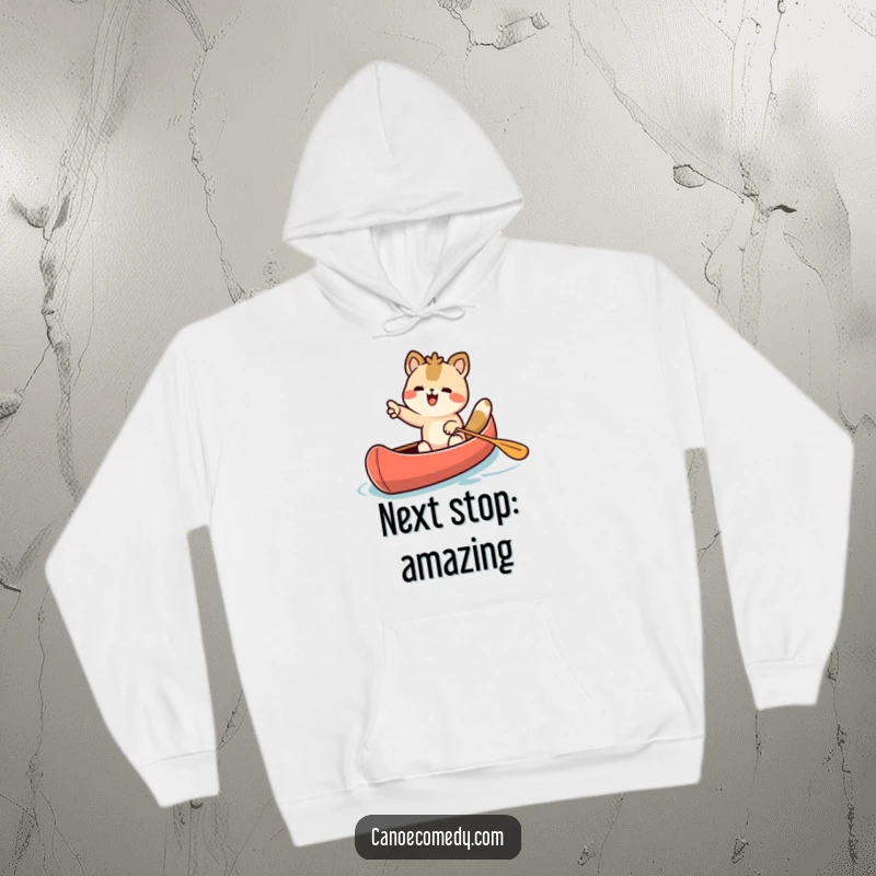Funny Kawaii animal character excitedly pointing forward from a canoe on a warm hoodie, for adventurers.