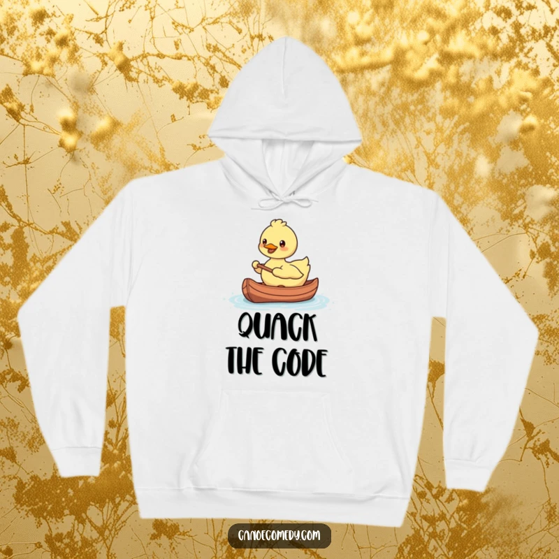 Funny, smiling Kawaii duck paddling a tiny canoe with a happy expression, on a cozy hoodie.