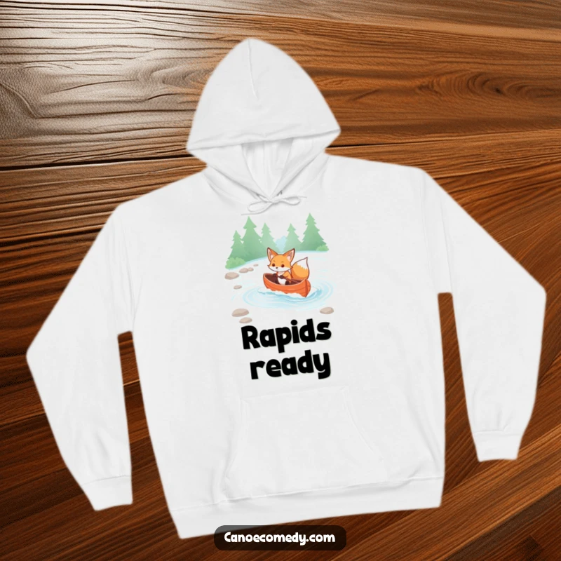 Funny Kawaii Fox Hoodie: Determined fox navigates rapids in a canoe, offering warmth and adventurous spirit.