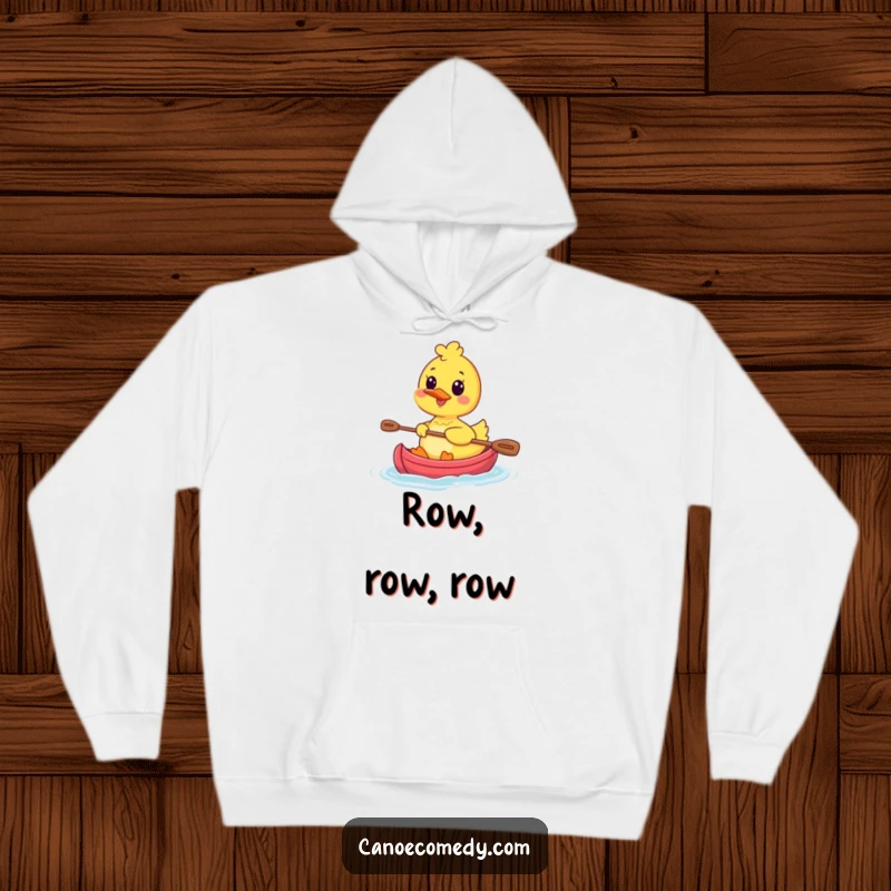 Funny Kawaii Duck Canoe Hoodie featuring a happy duck character paddling a tiny canoe, radiating pure joy and warmth.