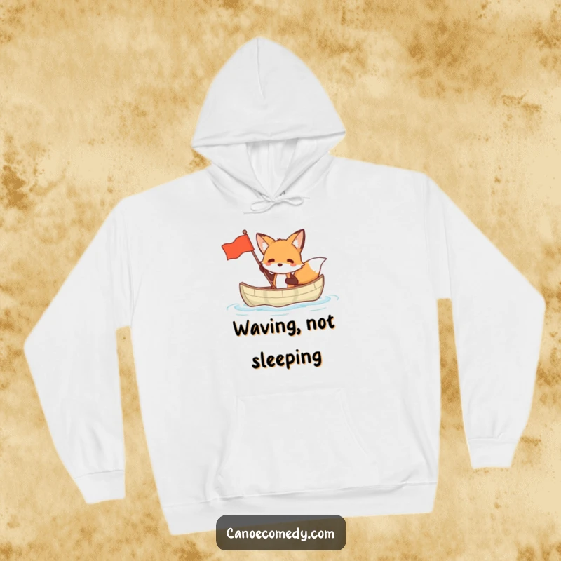Funny fox hoodie depicting a fox in a small canoe waving a flag, perfect for staying warm and witty.