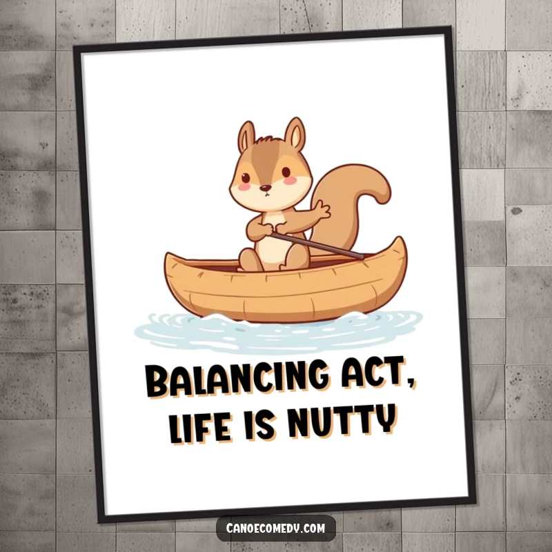 Funny Free Printable Wall Art: A squirrel comically balances in a wildly rocking canoe, captured in hilarious detail for your wall.