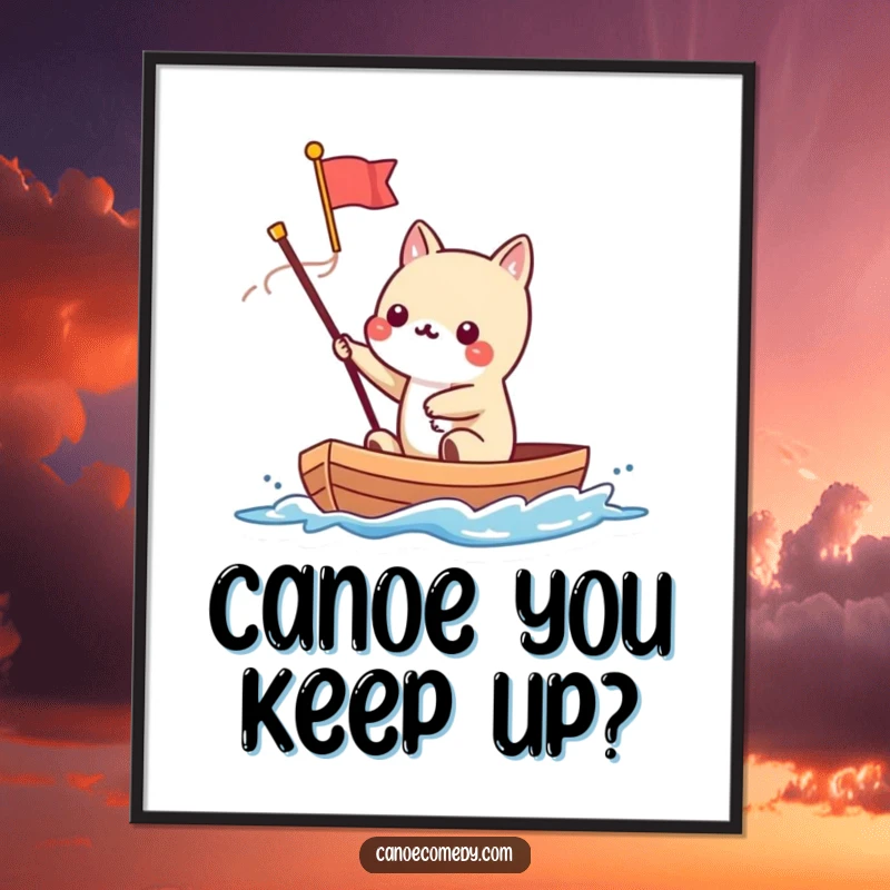 Funny Free Printable Wall Art: Kawaii animal waving a flag from a speeding canoe, a dynamic and humorous display of speed.