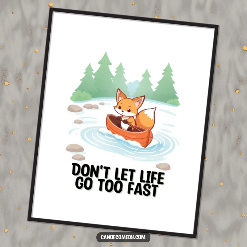 Funny Free Printable Wall Art: Determined kawaii fox expertly navigating a canoe through gentle rapids, full of purpose.
