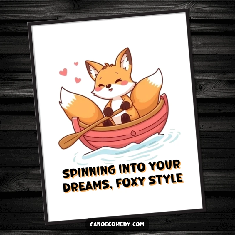 Funny Free Printable Wall Art: Playful fox doing a celebratory spin in his canoe, fun decor.