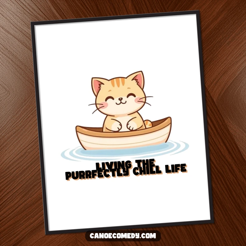 Funny free printable wall art of a happy cat peacefully floating in a miniature canoe, a whimsical decor item.