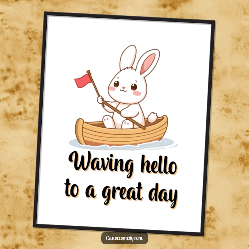 Funny Free Printable Wall Art: Cheerful rabbit waving tiny flag from canoe, happy downloadable art.