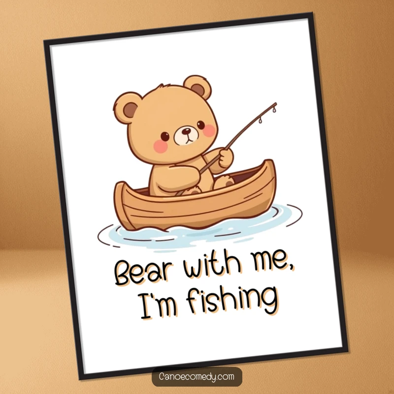 Funny Free Printable Wall Art: Content kawaii bear fishing from a canoe, peaceful and humorous.