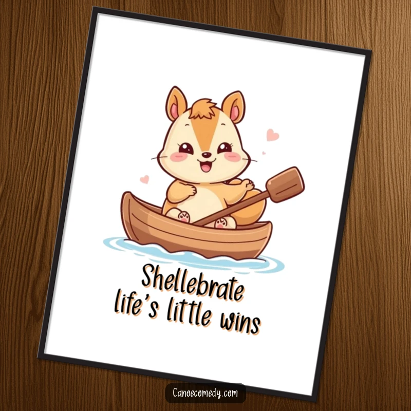 Funny Free Printable Wall Art: Giggling kawaii squirrel waving paws from a nutshell canoe, a truly charming scene.